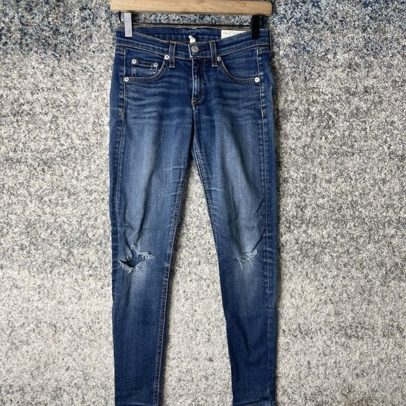 Rag & Bone Jeans Womens 24 Skinny Woodford Blue Denim Mid Rise Dark Wash Stretch - Picture 1 of 11